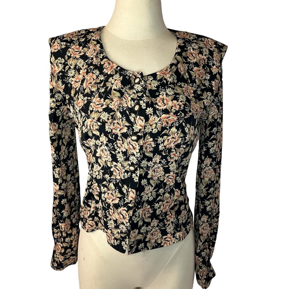 Vintage Tarazzia Black Floral Oversized Collar Gothic Victorian Blouse M